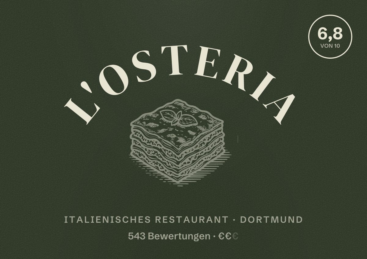 Illustriertes Poster von L'Osteria, Italienisches Restaurant in Dortmund: Gästebewertung 6,8 von 10 aus 543 Bewertungen