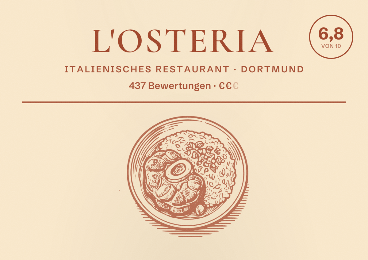 Illustriertes Poster von L'Osteria, Italienisches Restaurant in Dortmund: Bewertung 6,8 von 10 aus 437 Bewertungen, Preisniveau €€