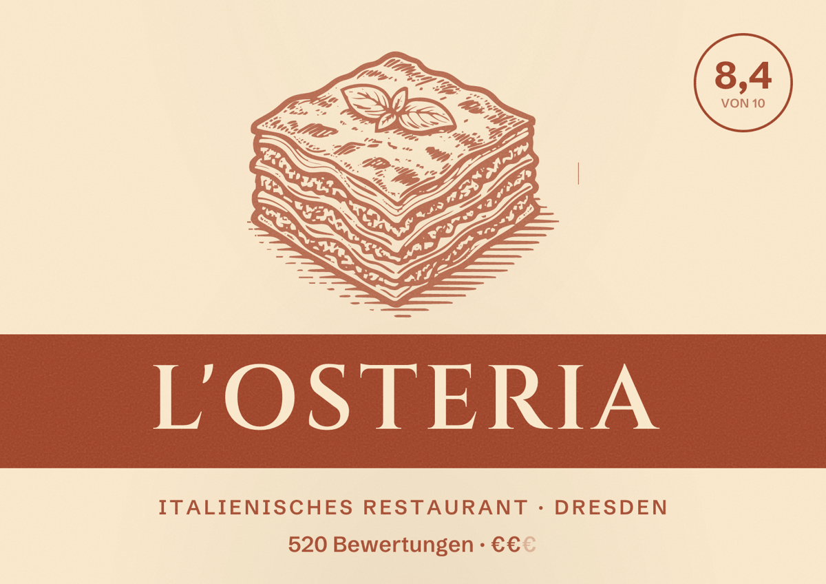 Illustriertes Poster von L'Osteria, Italienisches Restaurant in Dresden: Bewertung 8,4 von 10 aus 520 Bewertungen, Preisniveau €€
