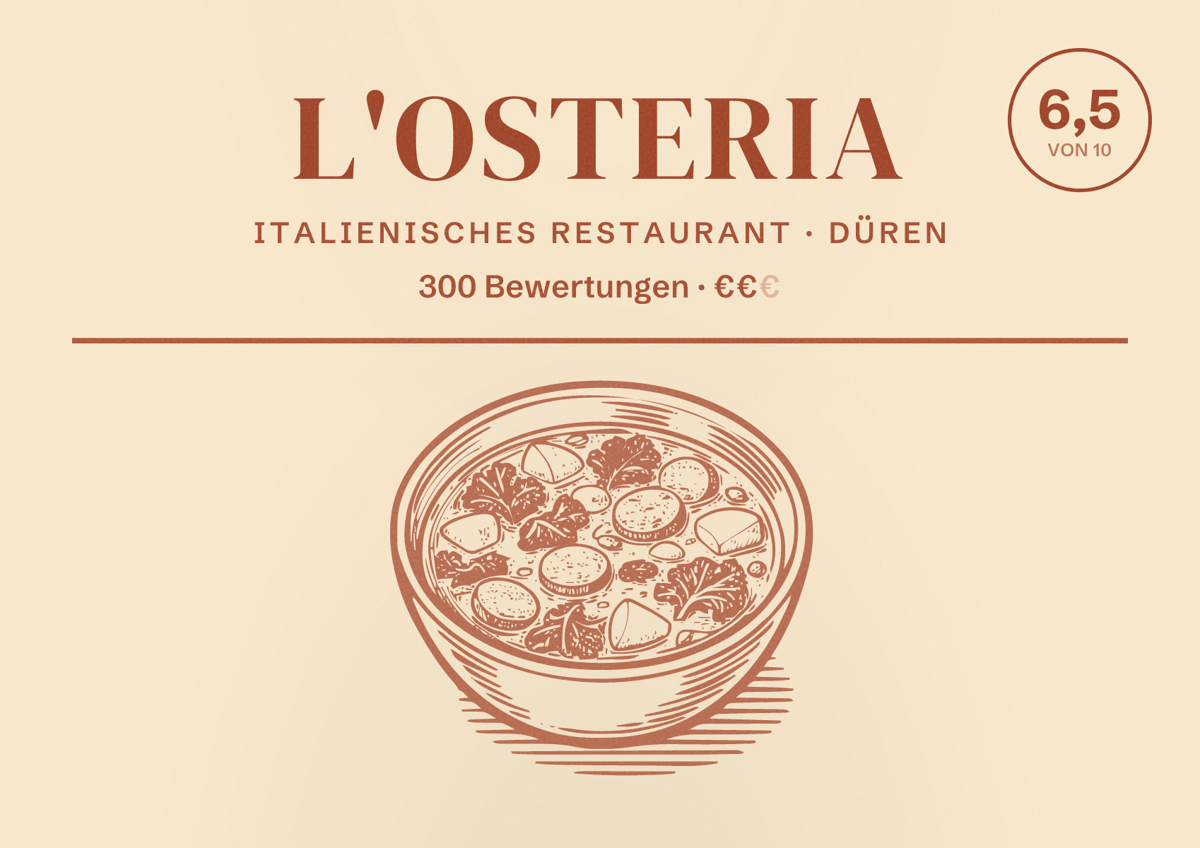 Illustriertes Poster von L'Osteria, Italienisches Restaurant in Düren: Bewertung 6,5 von 10 aus 300 Bewertungen, Preisniveau €€