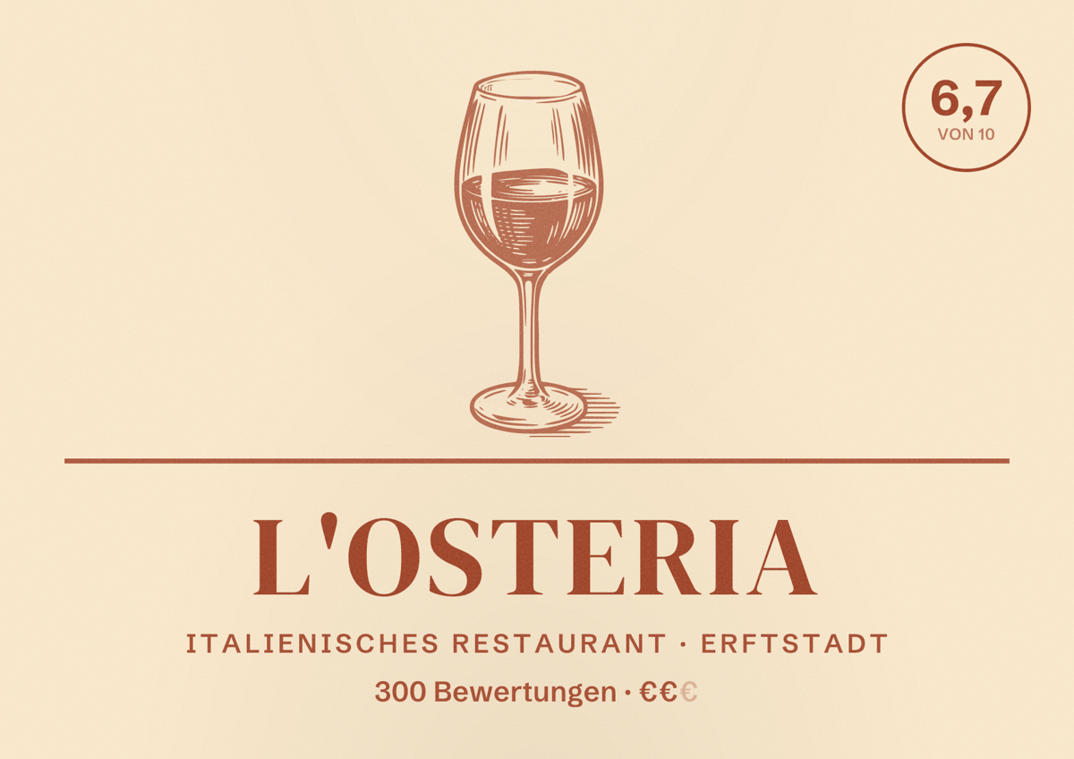 Illustriertes Poster von L'Osteria, Italienisches Restaurant in Erftstadt: Bewertung 6,7 von 10 aus 300 Bewertungen, Preisniveau €€