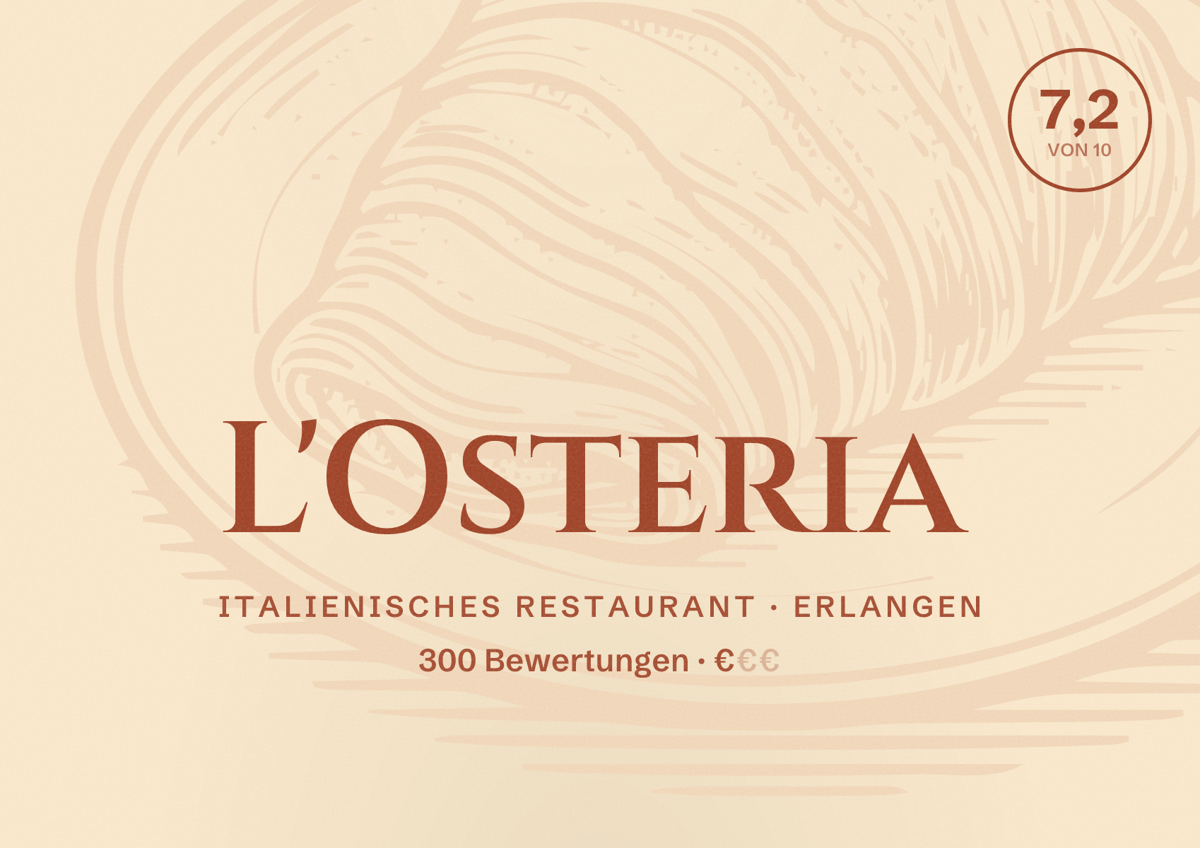 Illustriertes Poster von L'Osteria, Italienisches Restaurant in Erlangen: Bewertung 7,2 von 10 aus 300 Bewertungen, Preisniveau €