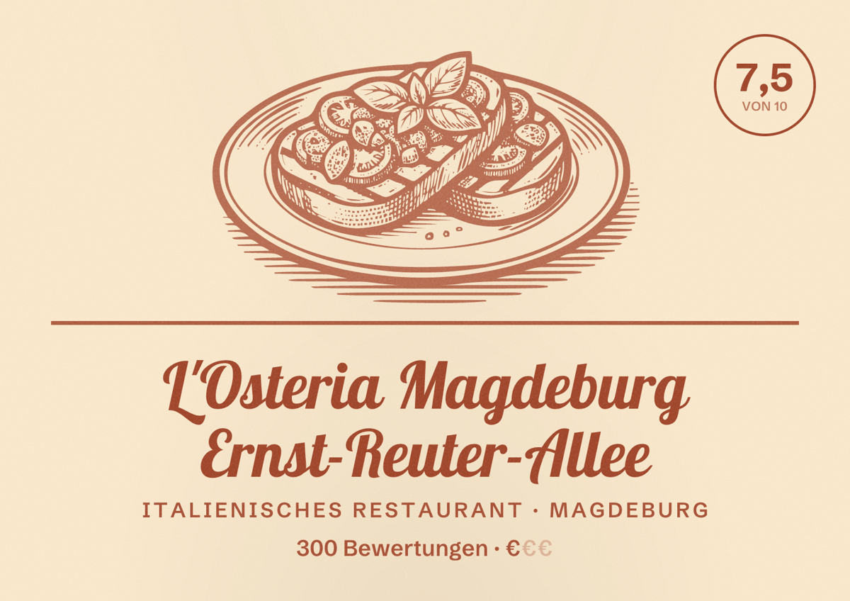 Illustriertes Poster von L'Osteria Magdeburg Ernst-Reuter-Allee, Italienisches Restaurant in Magdeburg: Bewertung 7,5 von 10 aus 300 Bewertungen, Preisniveau €