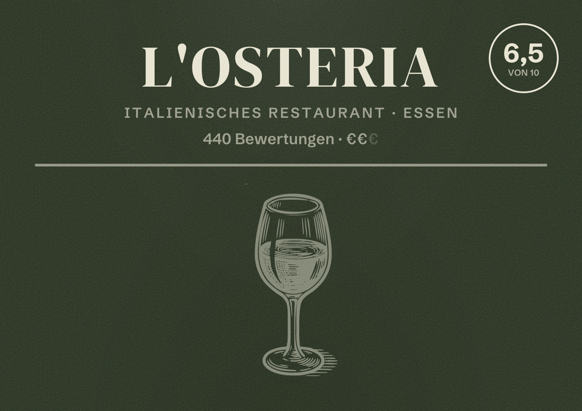 Illustriertes Poster von L'Osteria, Italienisches Restaurant in Essen: Bewertung 6,5 von 10 aus 440 Bewertungen, Preisniveau €€