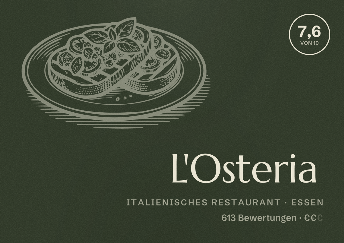Illustriertes Poster von L'Osteria, Italienisches Restaurant in Essen: Bewertung 7,6 von 10 aus 613 Bewertungen, Preisniveau €€