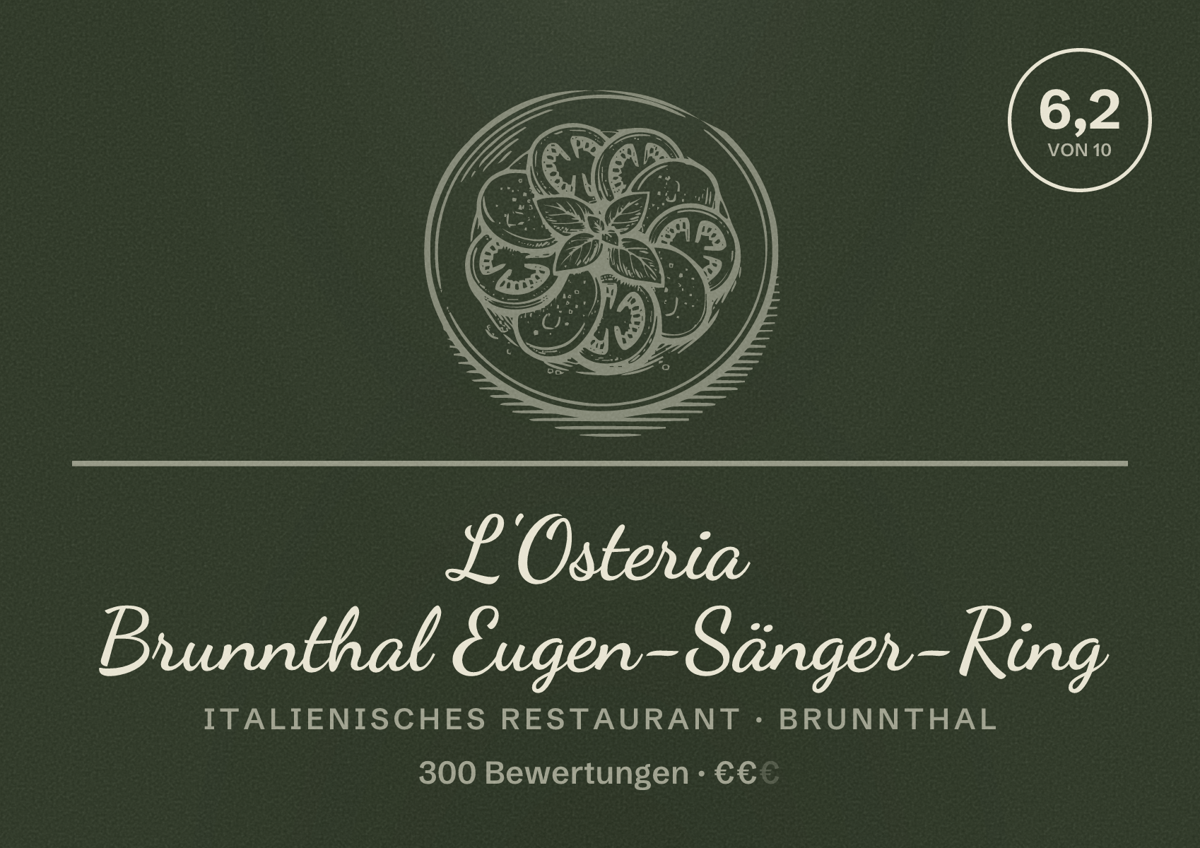 Illustriertes Poster von L'Osteria Brunnthal Eugen-Sänger-Ring, Italienisches Restaurant in Brunnthal: Bewertung 6,2 von 10 aus 300 Bewertungen, Preisniveau €€