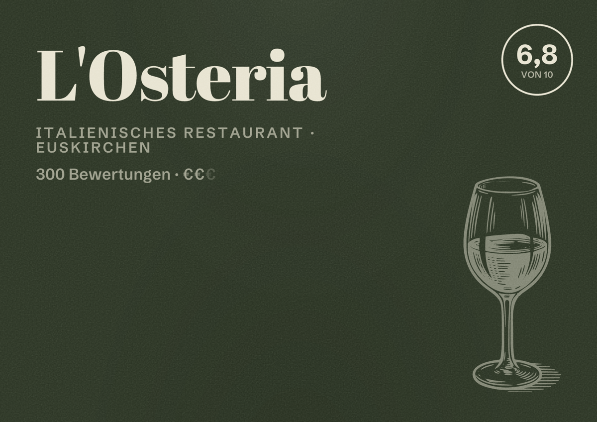 Illustriertes Poster von L'Osteria, Italienisches Restaurant in Euskirchen: Bewertung 6,8 von 10 aus 300 Bewertungen, Preisniveau €€