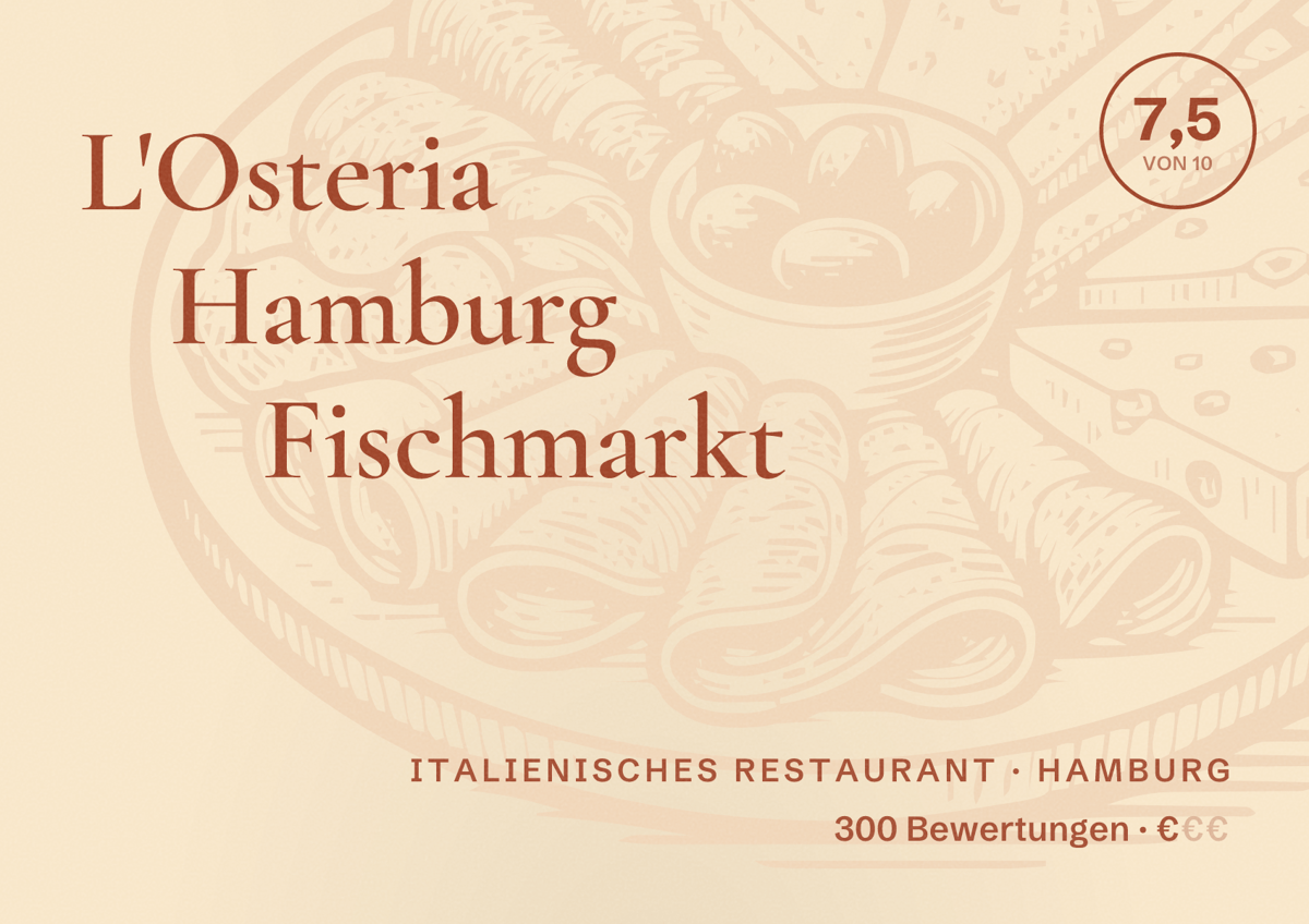 Illustriertes Poster von L'Osteria Hamburg Fischmarkt, Italienisches Restaurant in Hamburg: Bewertung 7,5 von 10 aus 300 Bewertungen, Preisniveau €