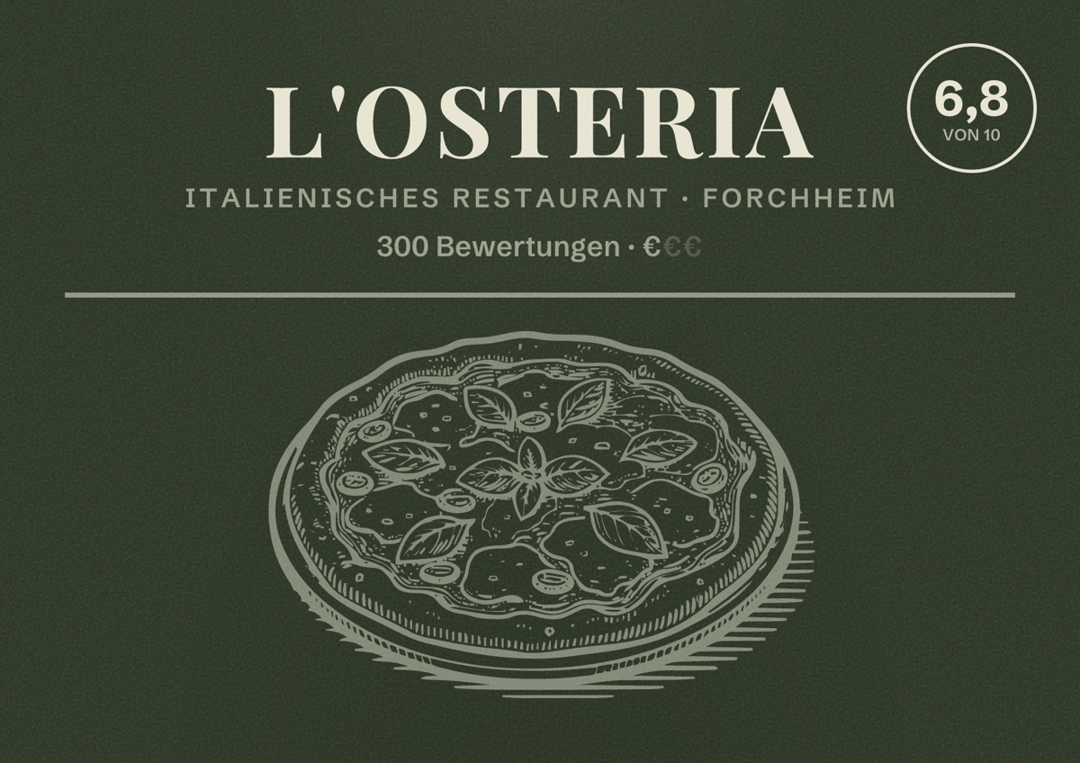 Illustriertes Poster von L'Osteria, Italienisches Restaurant in Forchheim: Bewertung 6,8 von 10 aus 300 Bewertungen, Preisniveau €