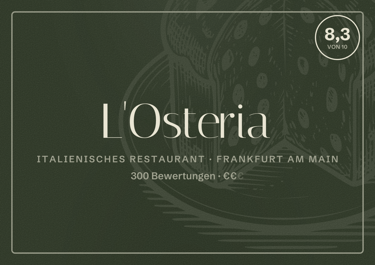 Illustriertes Poster von L'Osteria, Italienisches Restaurant in Frankfurt am Main: Bewertung 8,3 von 10 aus 300 Bewertungen, Preisniveau €€