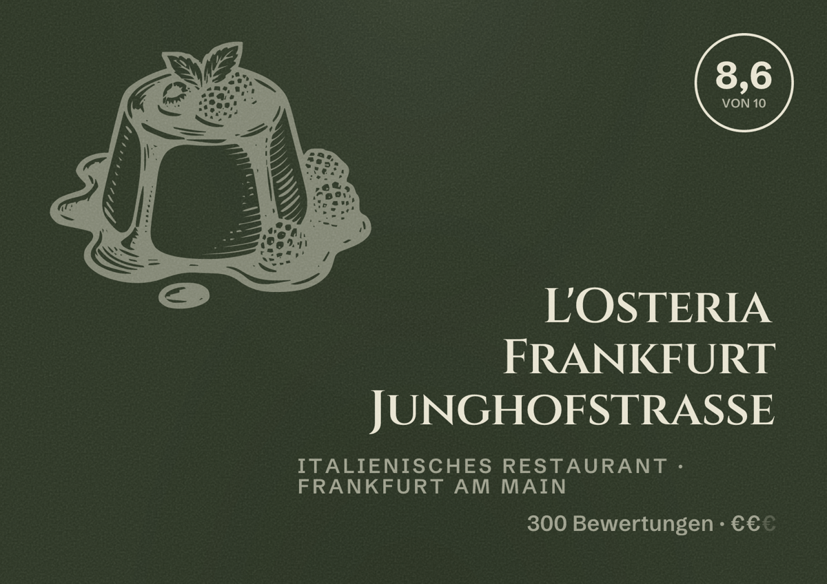 Illustriertes Poster von L'Osteria Frankfurt Junghofstrasse, Italienisches Restaurant in Frankfurt am Main: Bewertung 8,6 von 10 aus 300 Bewertungen, Preisniveau €€
