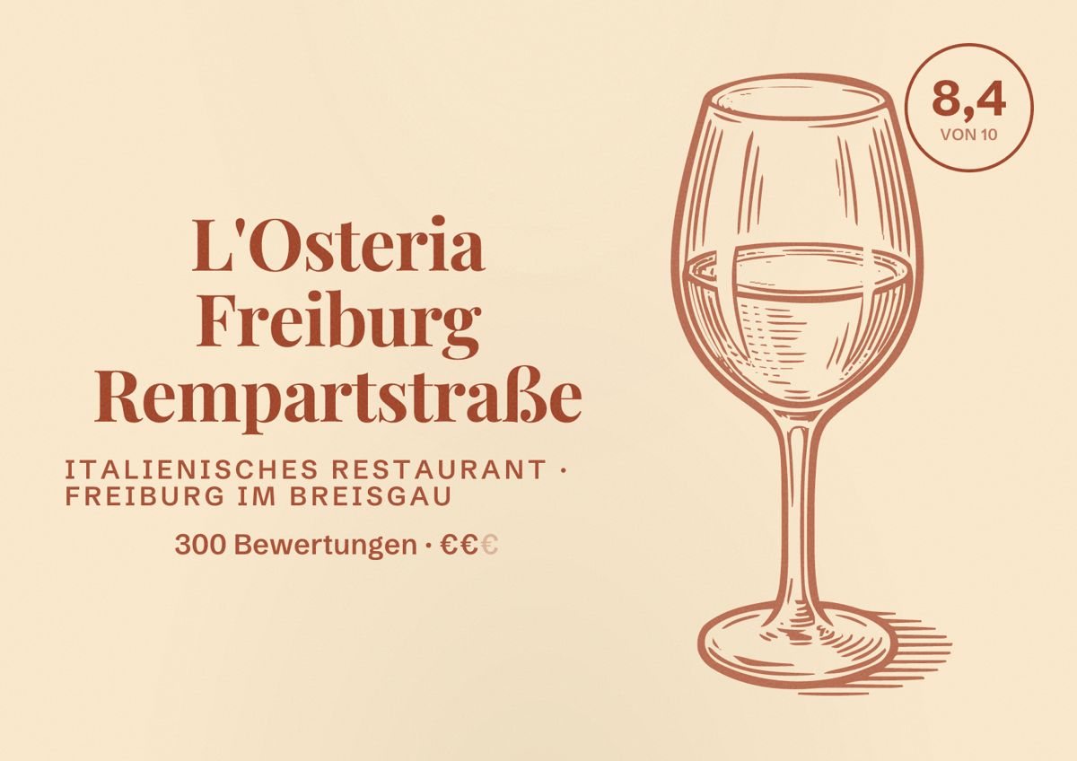 Illustriertes Poster von L'Osteria Freiburg Rempartstraße, Italienisches Restaurant in Freiburg im Breisgau: Bewertung 8,4 von 10 aus 300 Bewertungen, Preisniveau €€