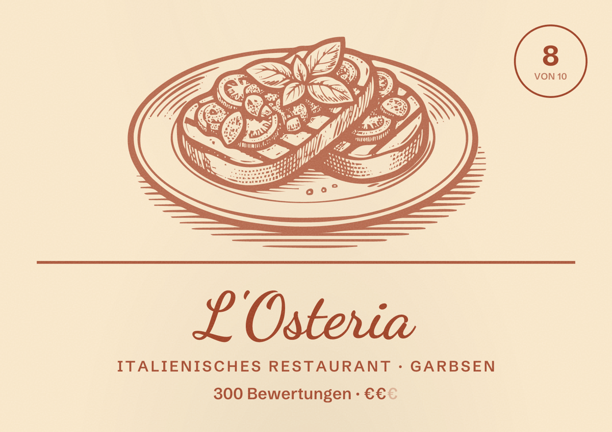 Illustriertes Poster von L'Osteria, Italienisches Restaurant in Garbsen: Bewertung 8 von 10 aus 300 Bewertungen, Preisniveau €€