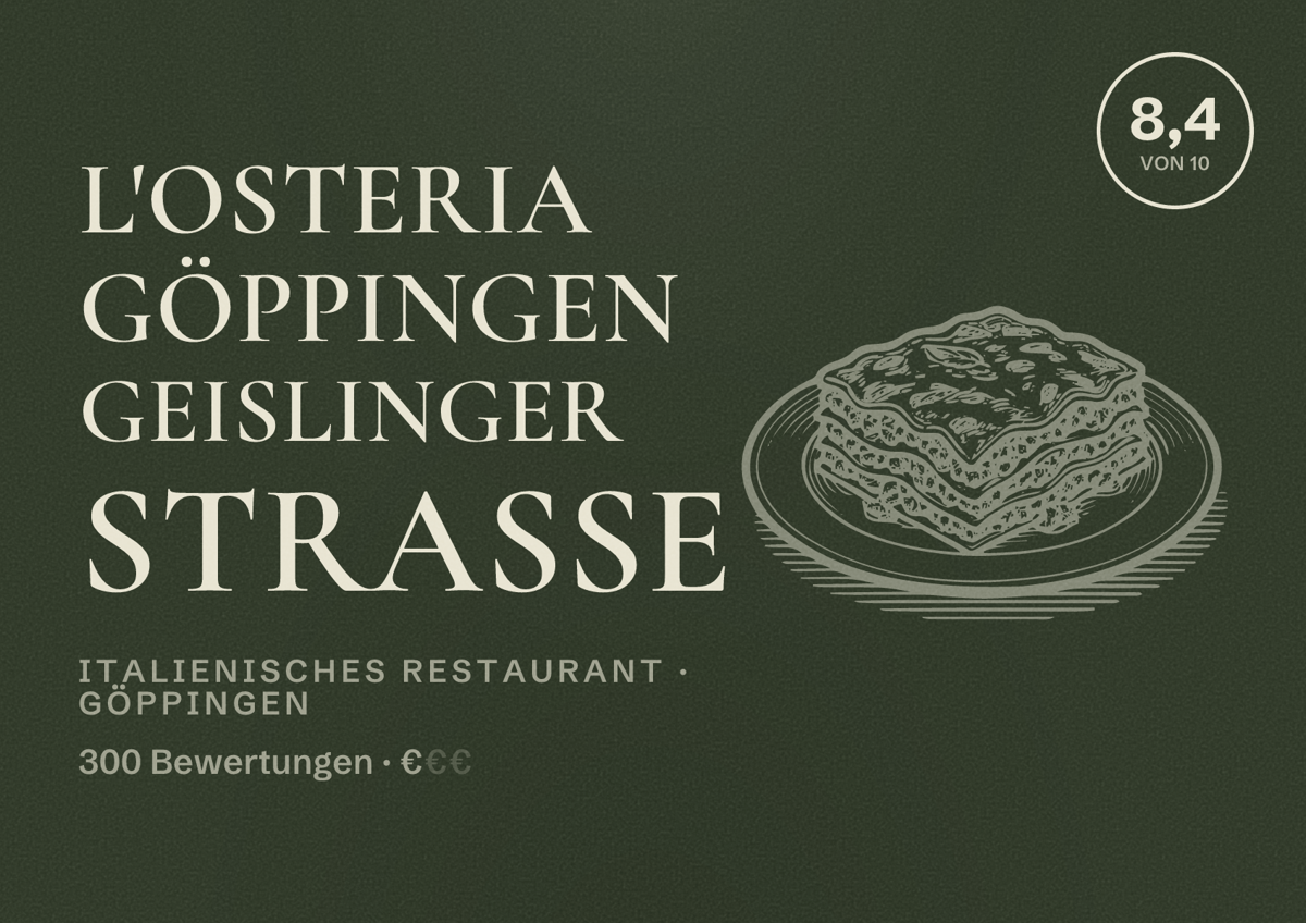 Illustriertes Poster von L'Osteria Göppingen Geislinger Straße, Italienisches Restaurant in Göppingen: Bewertung 8,4 von 10 aus 300 Bewertungen, Preisniveau €