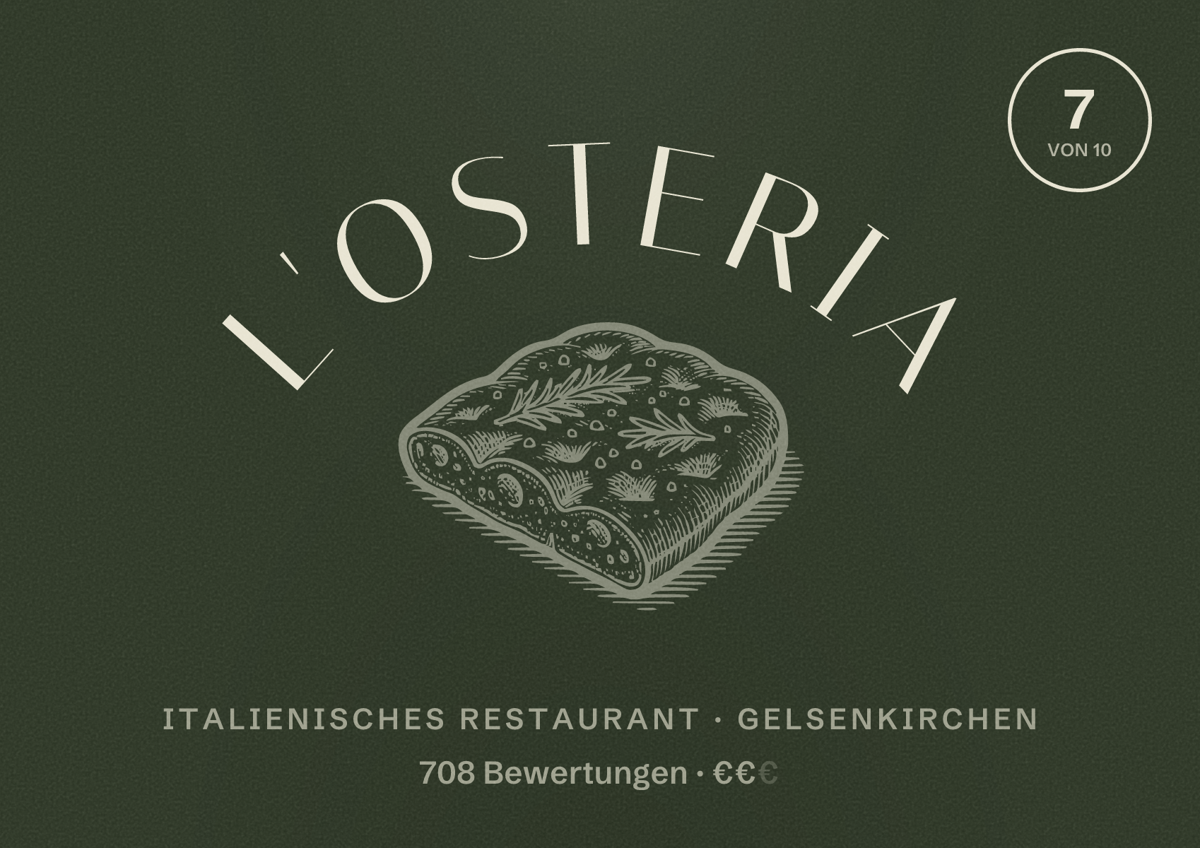 Illustriertes Poster von L'Osteria, Italienisches Restaurant in Gelsenkirchen: Bewertung 7 von 10 aus 708 Bewertungen, Preisniveau €€