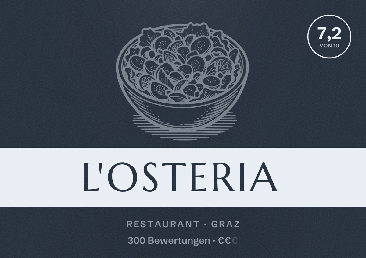 Illustriertes Poster von L'Osteria, Restaurant in Graz: Bewertung 7,2 von 10 aus 300 Bewertungen, Preisniveau €€