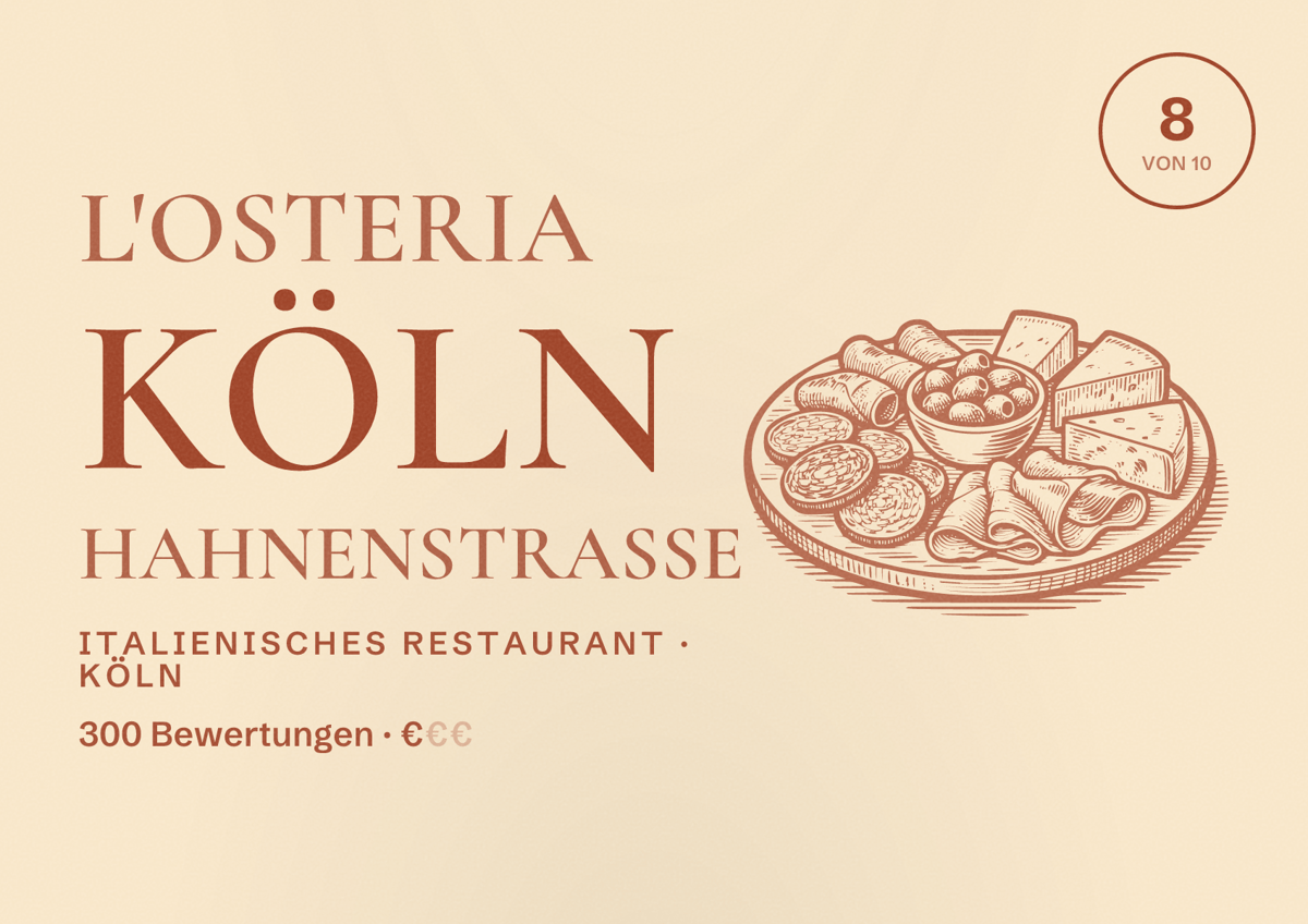 Illustriertes Poster von L'Osteria Köln Hahnenstraße, Italienisches Restaurant in Köln: Bewertung 8,0 von 10 aus 300 Bewertungen, Preisniveau €