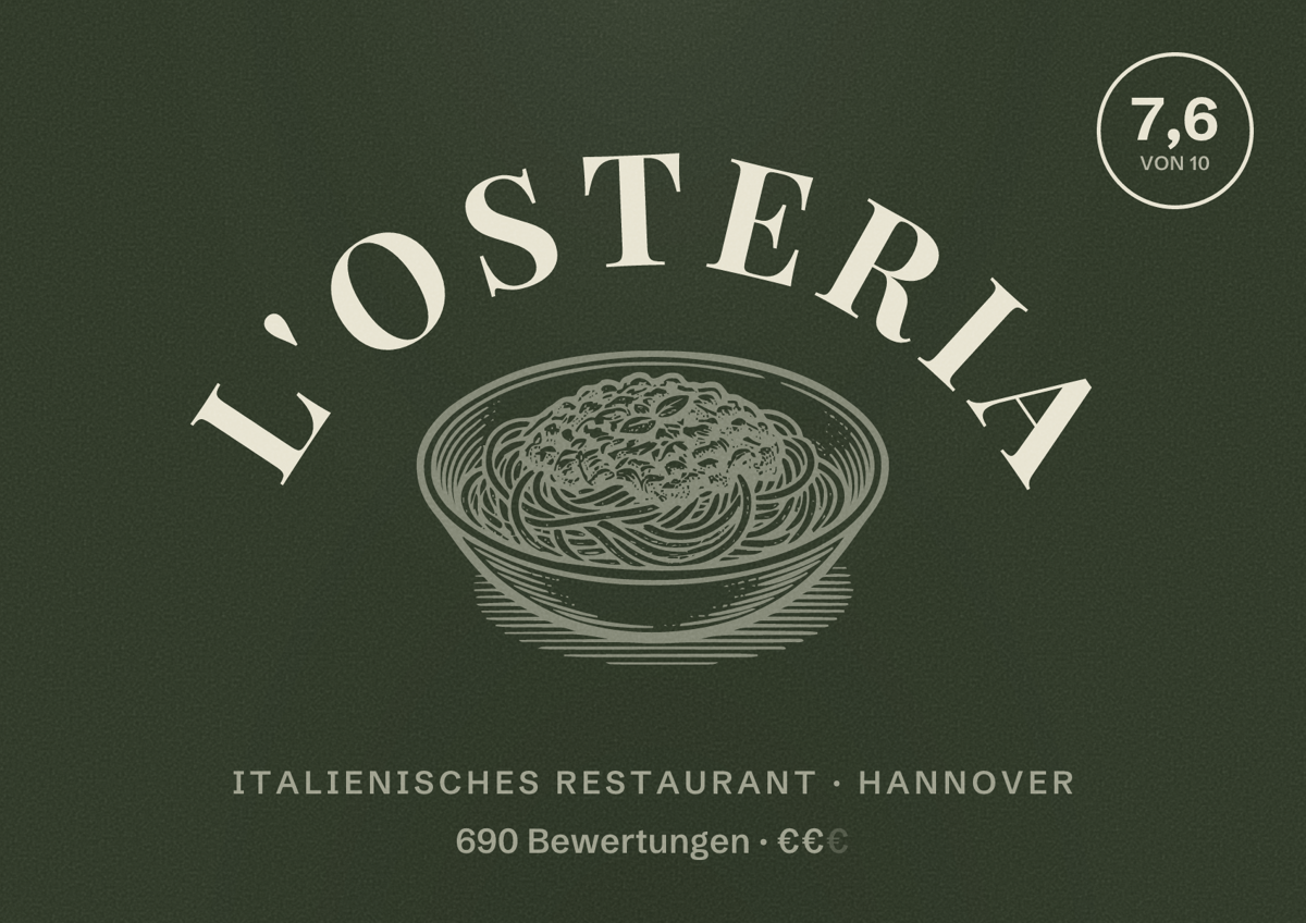 Illustriertes Poster von L'Osteria, Italienisches Restaurant in Hannover: Bewertung 7,6 von 10 aus 690 Bewertungen, Preisniveau €€