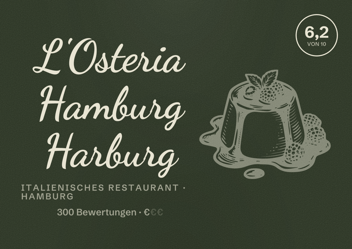 Illustriertes Poster von L'Osteria Hamburg Harburg, Italienisches Restaurant in Hamburg: Bewertung 6,2 von 10 aus 300 Bewertungen, Preisniveau €