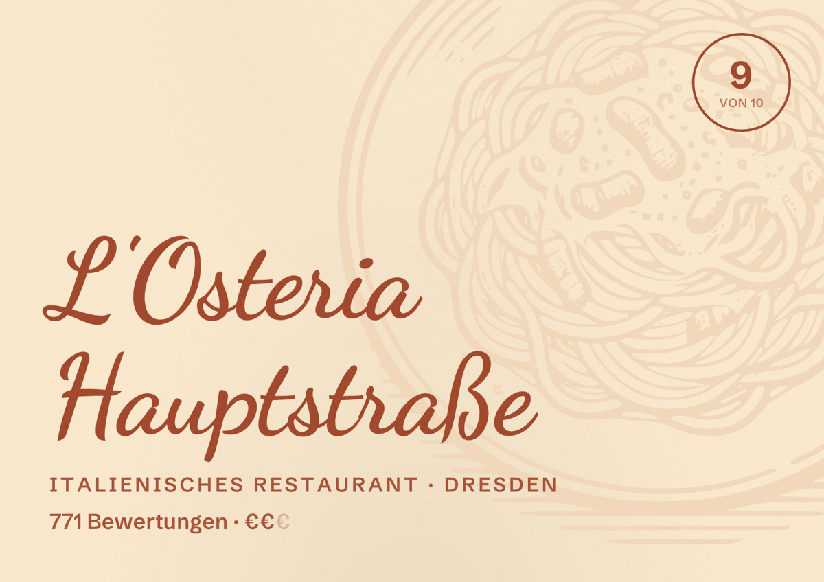 Illustriertes Poster von L'Osteria Hauptstraße, Italienisches Restaurant in Dresden: Bewertung 9,0 von 10 aus 771 Bewertungen, Preisniveau €€