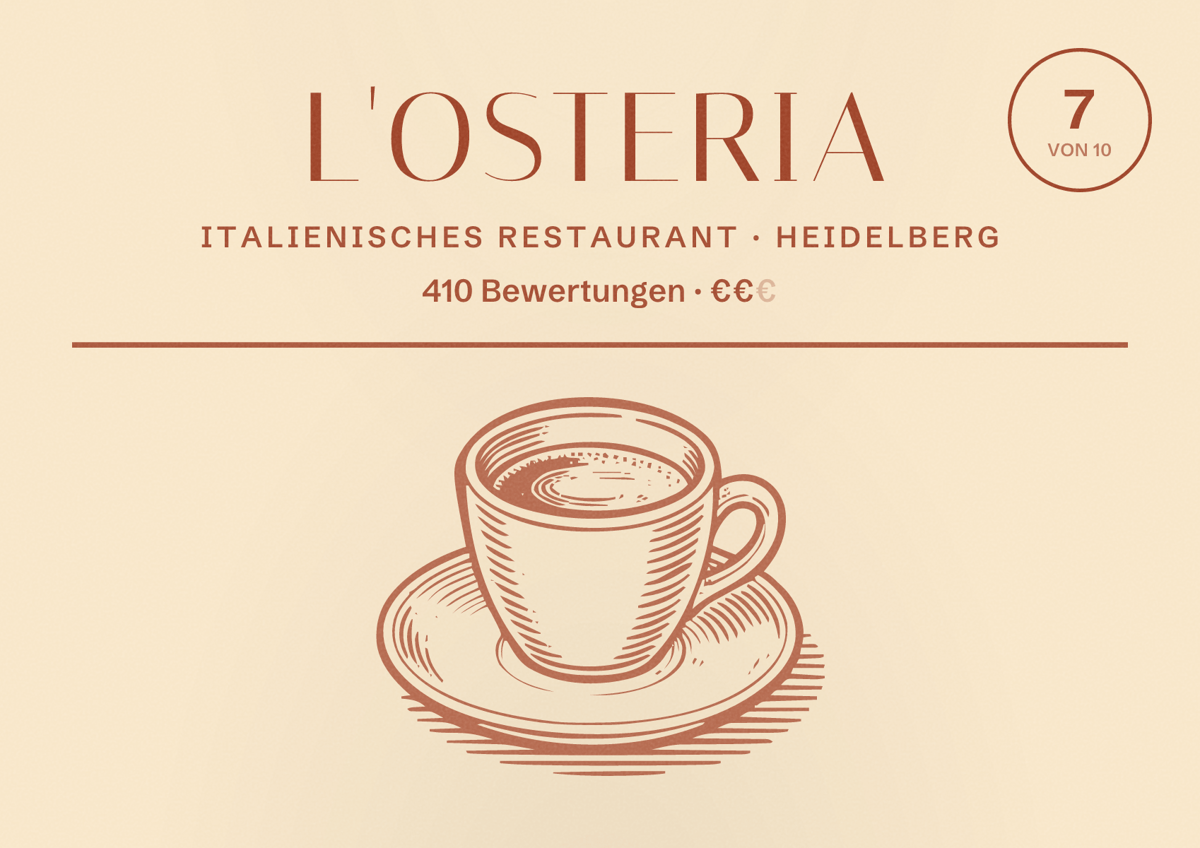 Illustriertes Poster von L'Osteria, Italienisches Restaurant in Heidelberg: Bewertung 7 von 10 aus 410 Bewertungen, Preisniveau €€