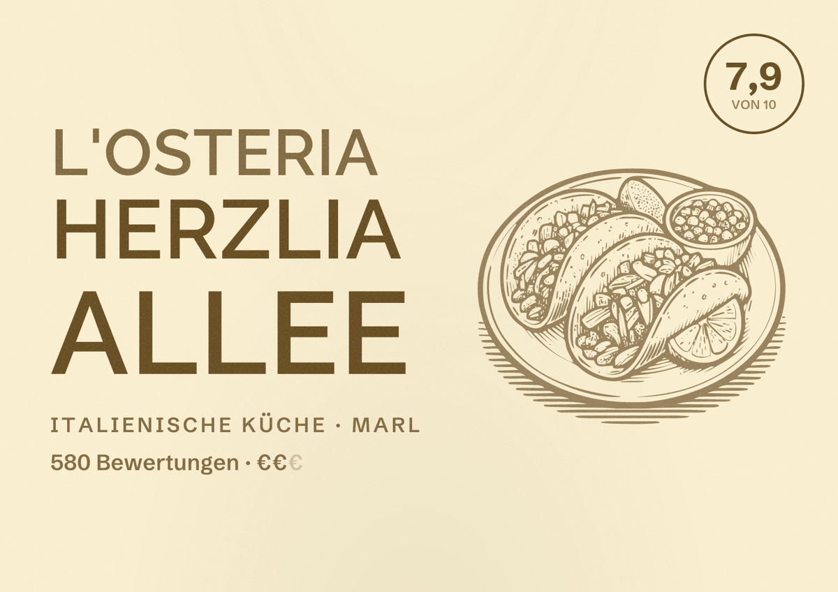 Illustriertes Poster von L'Osteria Herzlia Allee, Italienische Küche in Marl: Bewertung 7,9 von 10 aus 580 Bewertungen, Preisniveau €€