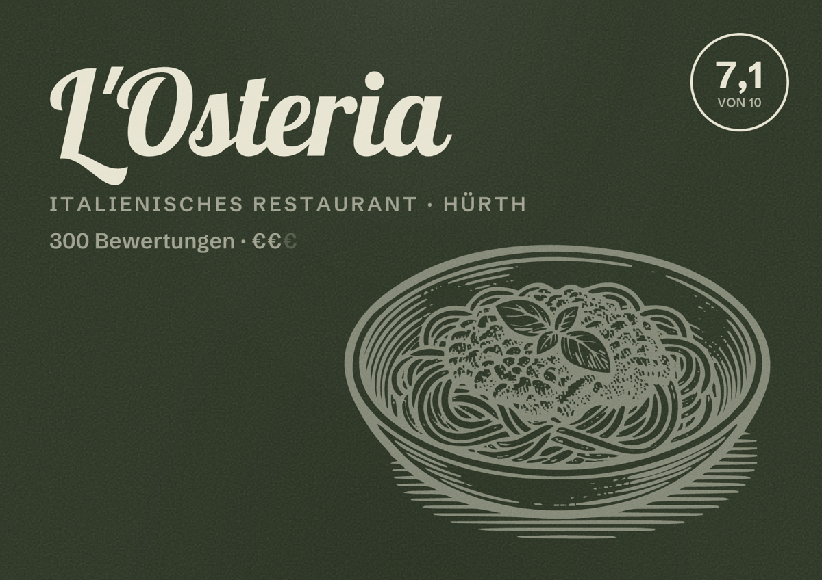 Illustriertes Poster von L'Osteria, Italienisches Restaurant in Hürth: Bewertung 7,1 von 10 aus 300 Bewertungen, Preisniveau €€