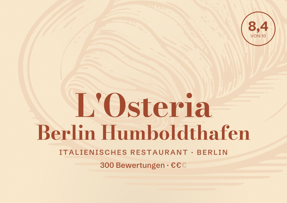 Illustriertes Poster von L'Osteria Berlin Humboldthafen, Italienisches Restaurant in Berlin: Bewertung 8,4 von 10 aus 300 Bewertungen, Preisniveau €€