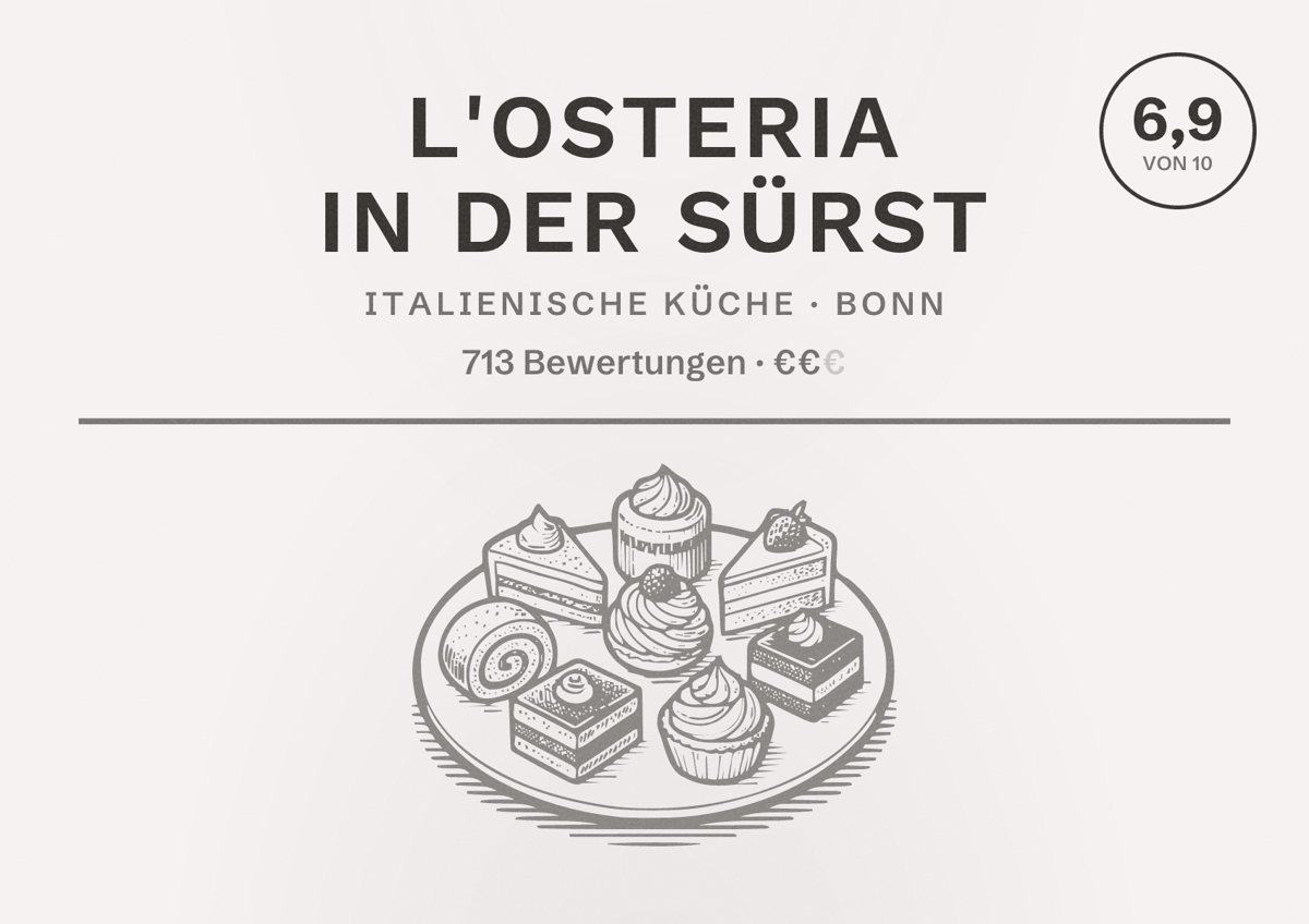 Illustriertes Poster von L'Osteria In der Sürst, Italienische Küche in Bonn: Bewertung 6,9 von 10 aus 713 Bewertungen, Preisniveau €€