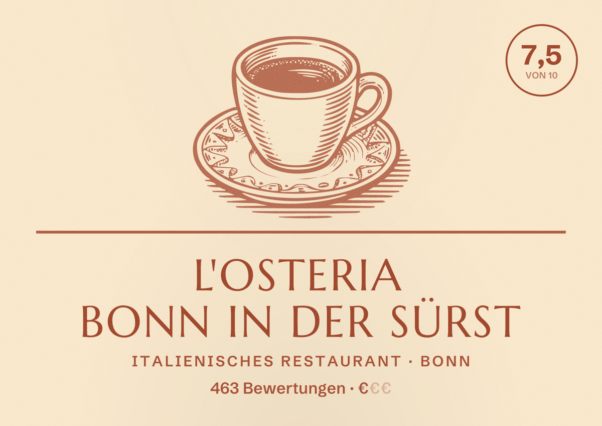 Illustriertes Poster von L'Osteria Bonn In der Sürst, Italienisches Restaurant in Bonn: Bewertung 7,5 von 10 aus 463 Bewertungen, Preisniveau €