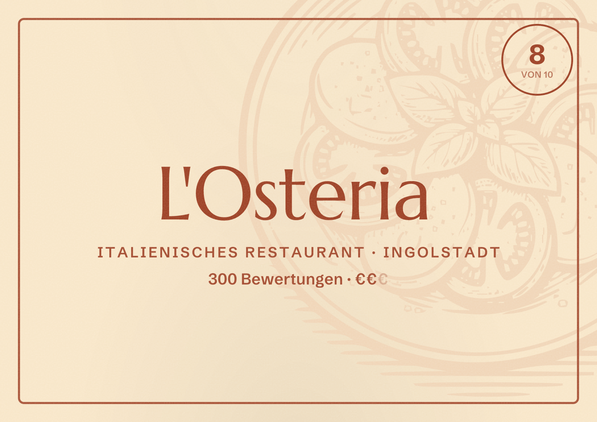 Illustriertes Poster von L'Osteria, Italienisches Restaurant in Ingolstadt: Bewertung 8 von 10 aus 300 Bewertungen, Preisniveau €€