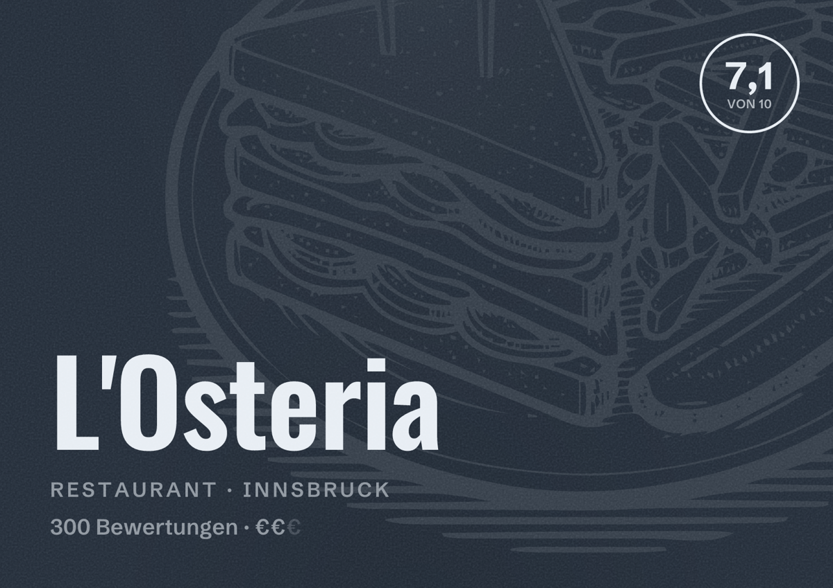 Illustriertes Poster von L'Osteria, Restaurant in Innsbruck: Bewertung 7,1 von 10 aus 300 Bewertungen, Preisniveau €€