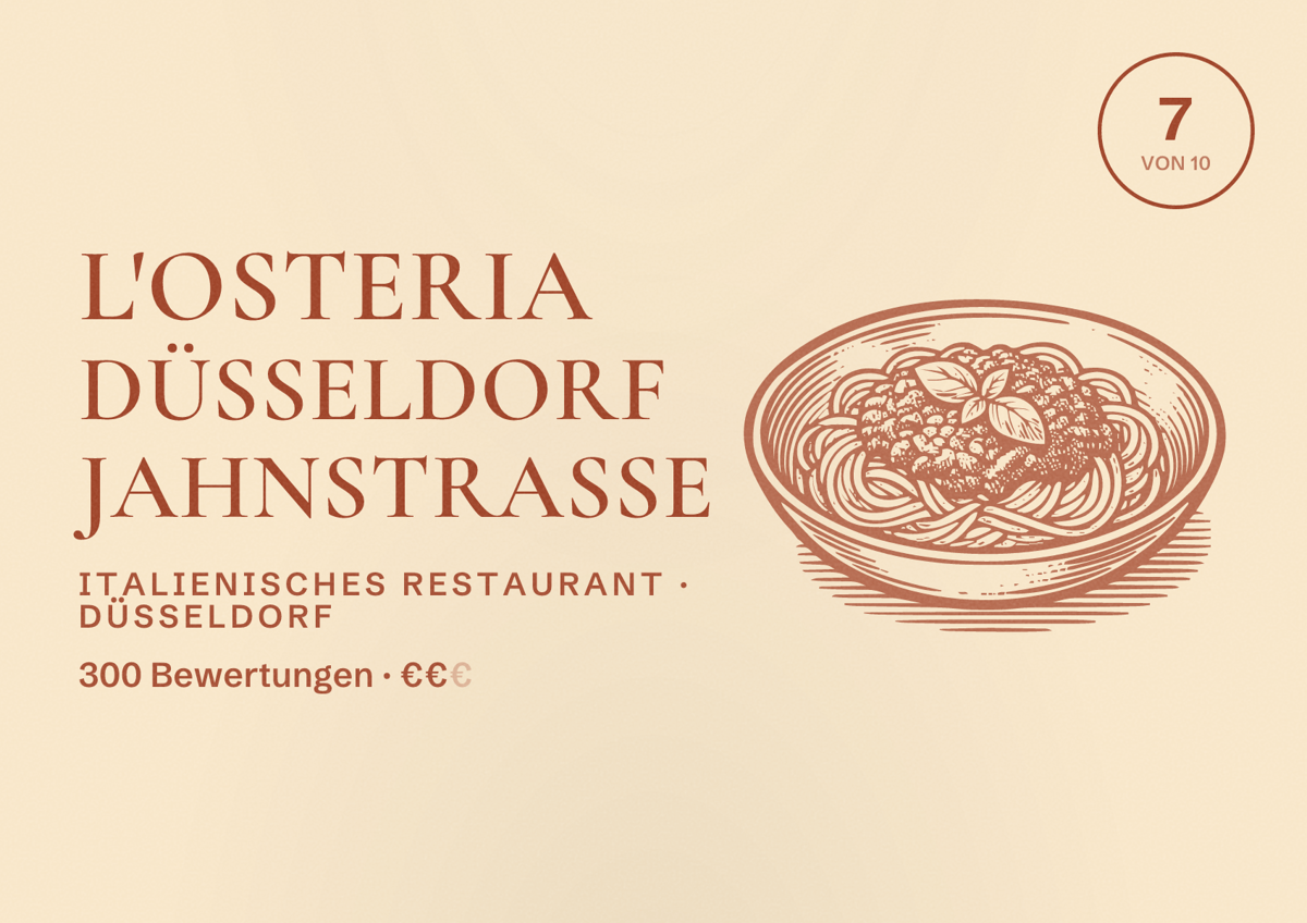 Illustriertes Poster von L'Osteria Düsseldorf Jahnstraße, Italienisches Restaurant in Düsseldorf: Bewertung 7 von 10 aus 300 Bewertungen, Preisniveau €€