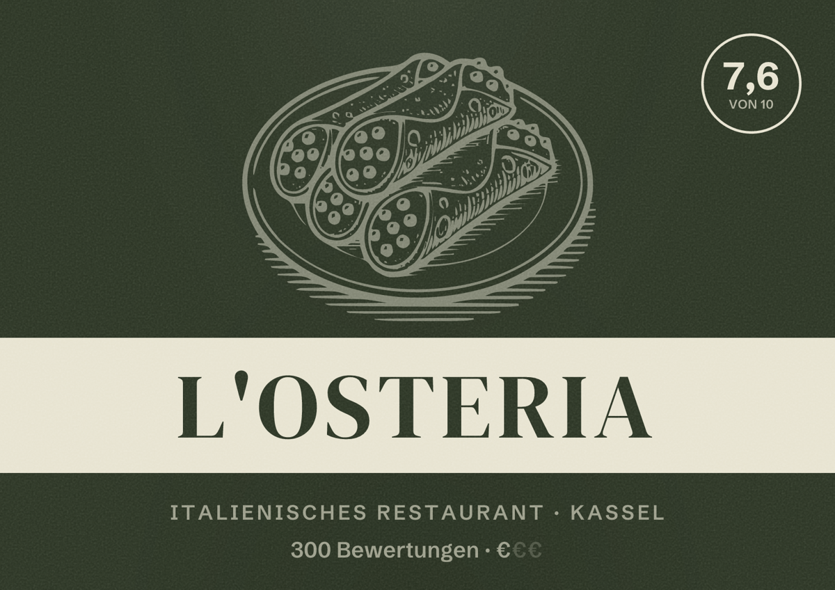 Illustriertes Poster von L'Osteria, Italienisches Restaurant in Kassel: Bewertung 7,6 von 10 aus 300 Bewertungen, Preisniveau €