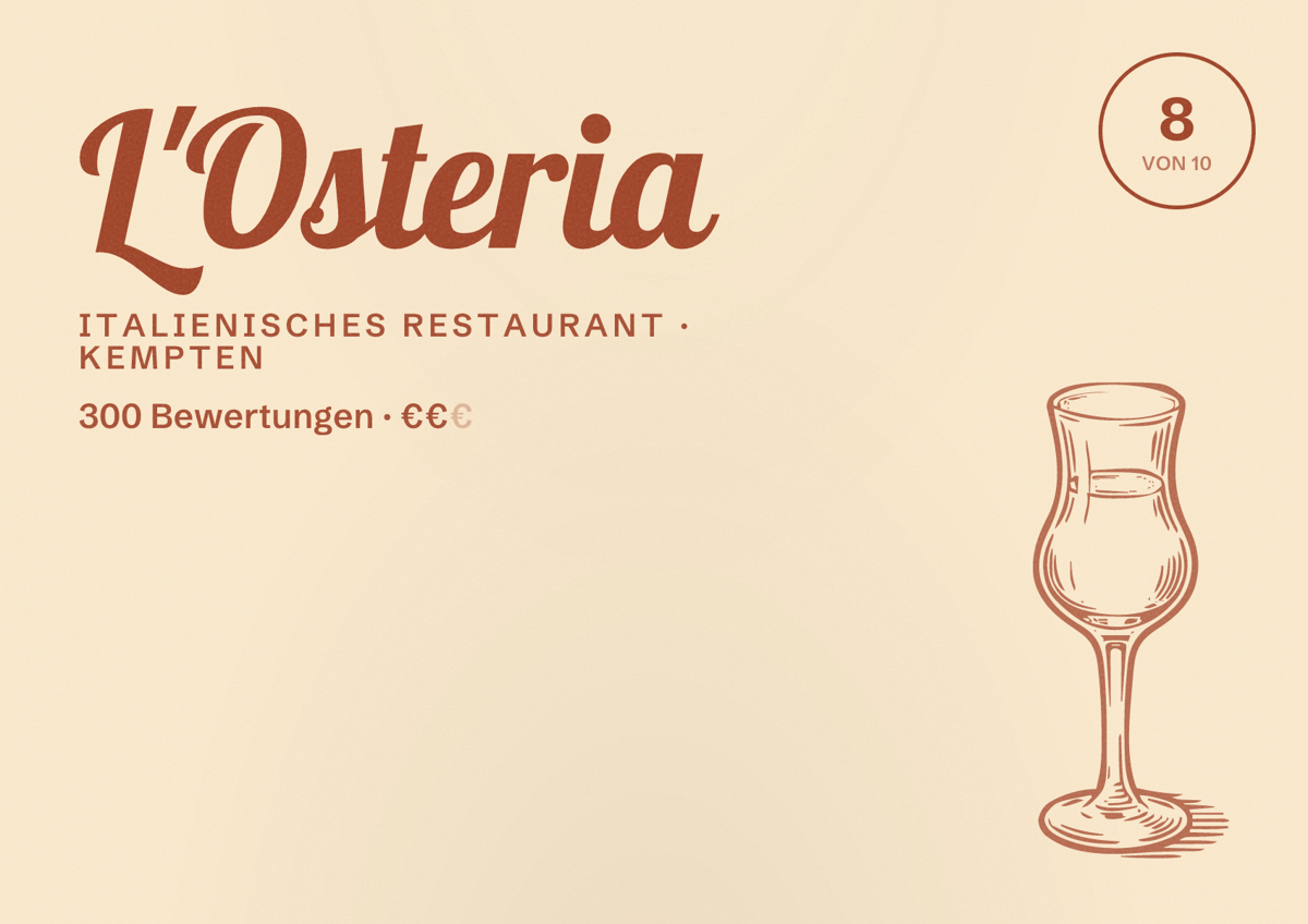 Illustriertes Poster von L'Osteria, Italienisches Restaurant in Kempten: Bewertung 8 von 10 aus 300 Bewertungen, Preisniveau €€