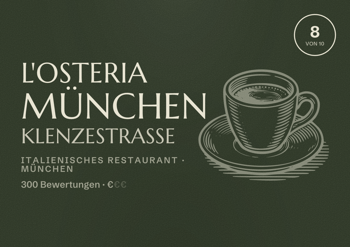 Illustriertes Poster von L'Osteria München Klenzestraße, Italienisches Restaurant in München: Bewertung 8,0 von 10 aus 300 Bewertungen, Preisniveau €