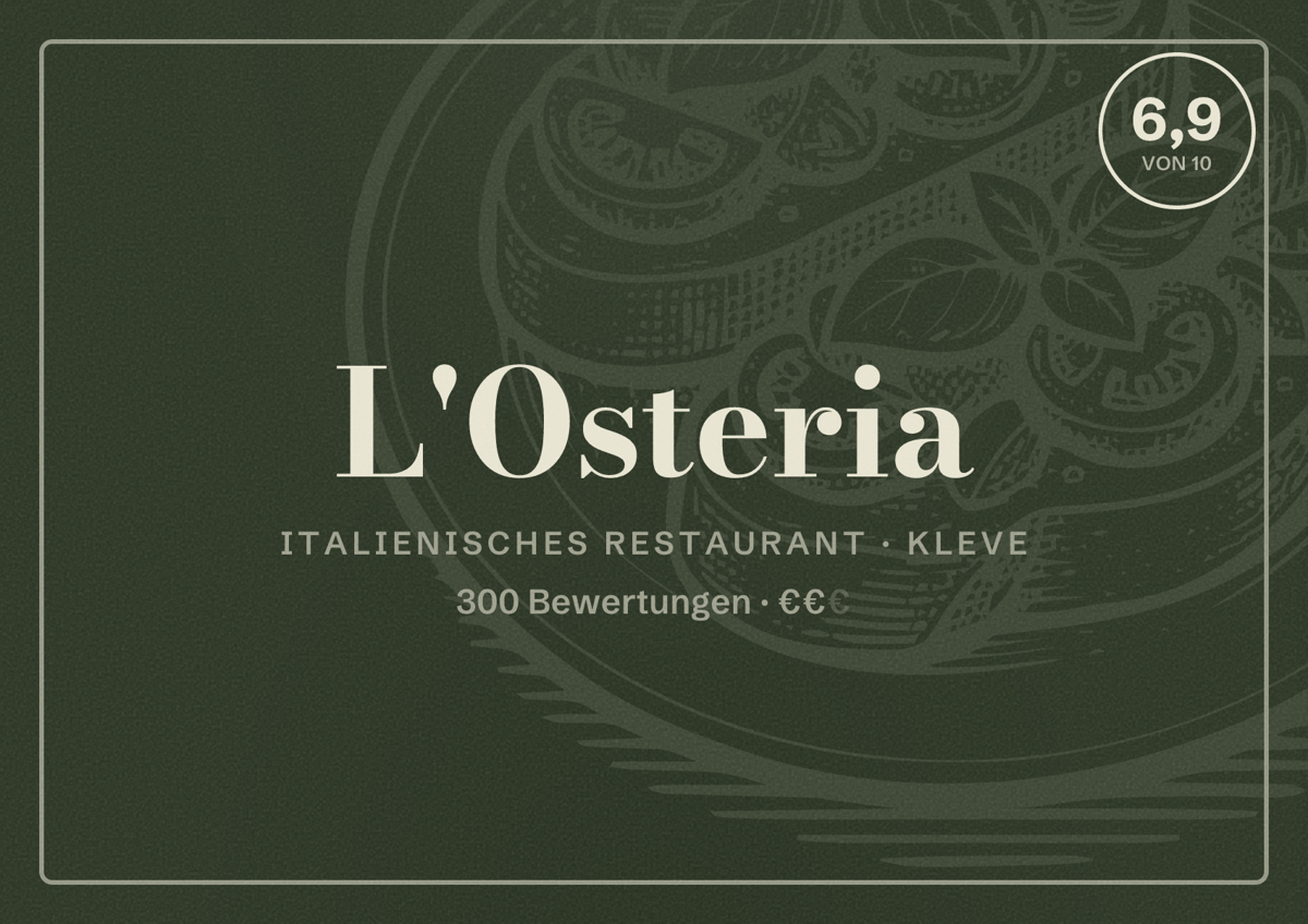 Illustriertes Poster von L'Osteria, Italienisches Restaurant in Kleve: Bewertung 6,9 von 10 aus 300 Bewertungen, Preisniveau €€
