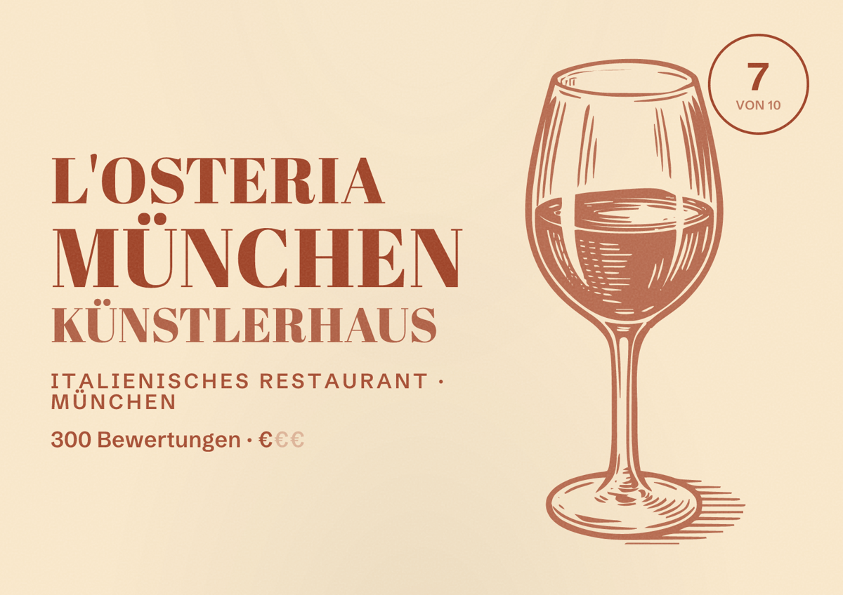 Illustriertes Poster von L'Osteria München Künstlerhaus, Italienisches Restaurant in München: Bewertung 7,0 von 10 aus 300 Bewertungen, Preisniveau €