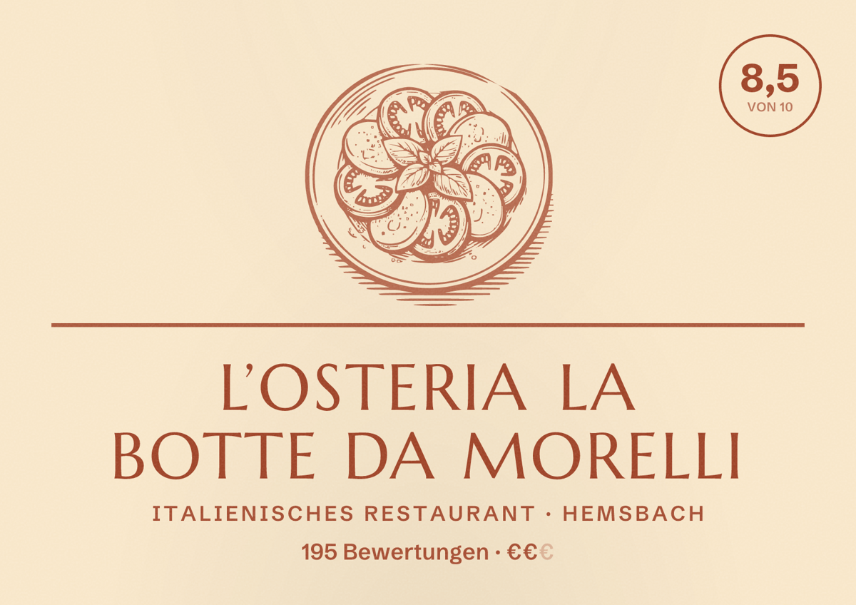 Illustriertes Poster von L’Osteria La Botte Da Morelli, Italienisches Restaurant in Hemsbach: Bewertung 8,5 von 10 aus 195 Bewertungen, Preisniveau €€