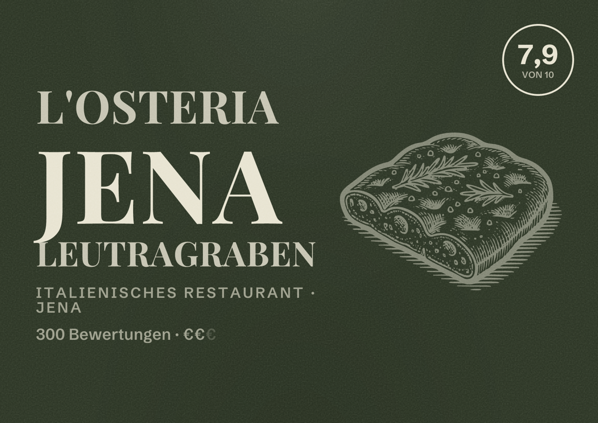 Illustriertes Poster von L'Osteria Jena Leutragraben, Italienisches Restaurant in Jena: Bewertung 7,9 von 10 aus 300 Bewertungen, Preisniveau €€