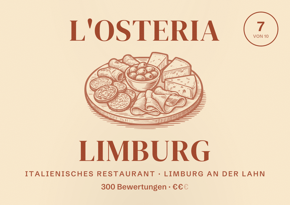 Illustriertes Poster von L'Osteria Limburg, Italienisches Restaurant in Limburg an der Lahn: Bewertung 7 von 10 aus 300 Bewertungen, Preisniveau €€