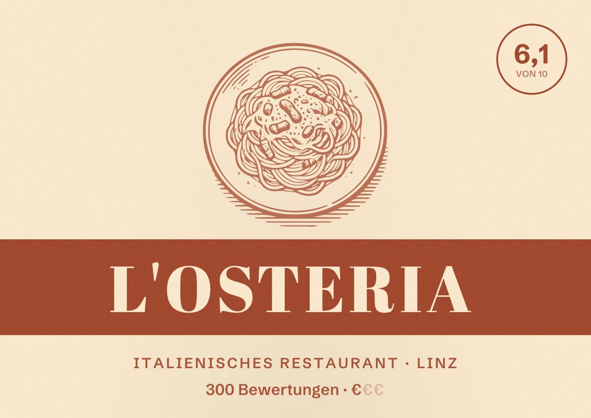 Illustriertes Poster von L'Osteria, Italienisches Restaurant in Linz: Bewertung 6,1 von 10 aus 300 Bewertungen, Preisniveau €