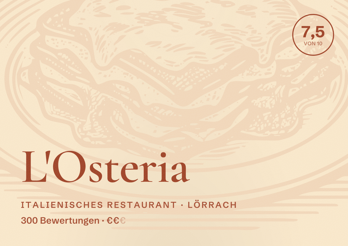 Illustriertes Poster von L'Osteria, Italienisches Restaurant in Lörrach: Bewertung 7,5 von 10 aus 300 Bewertungen, Preisniveau €€