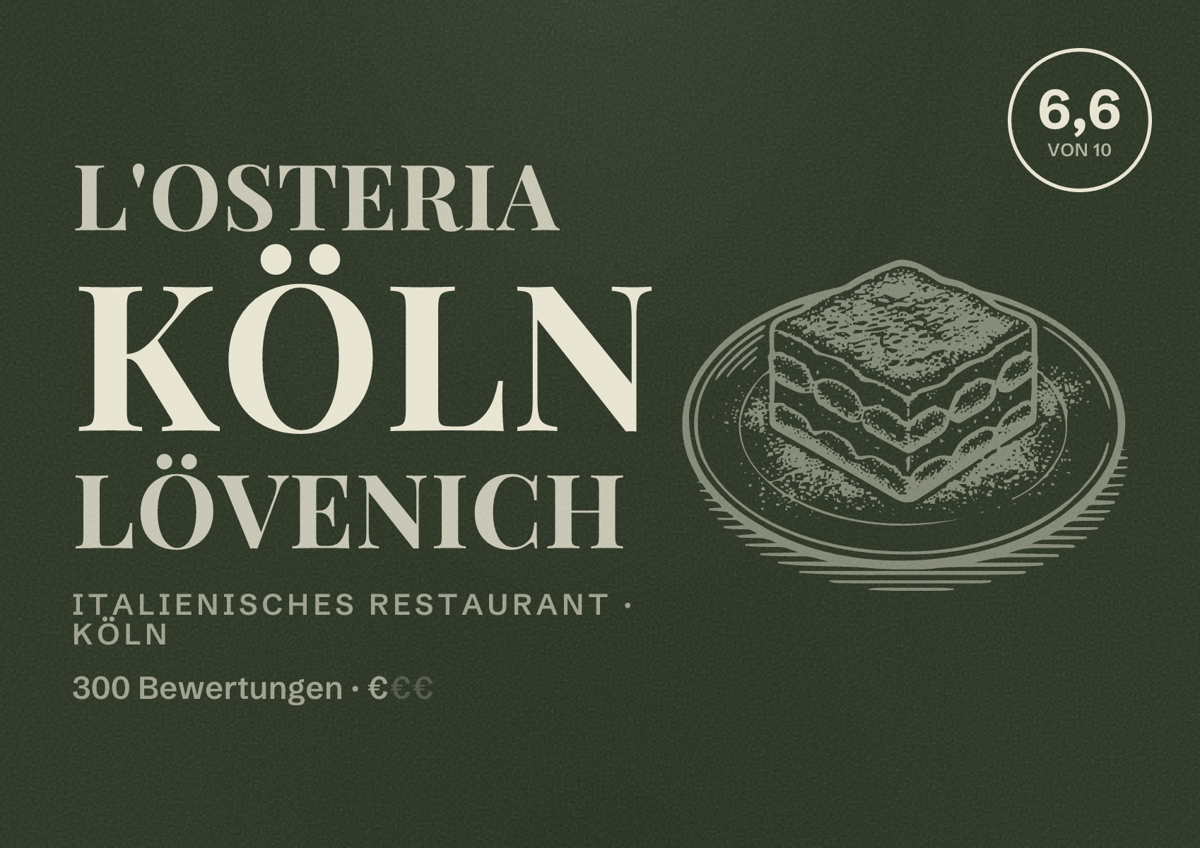 Illustriertes Poster von L'Osteria Köln Lövenich, Italienisches Restaurant in Köln: Bewertung 6,6 von 10 aus 300 Bewertungen, Preisniveau €