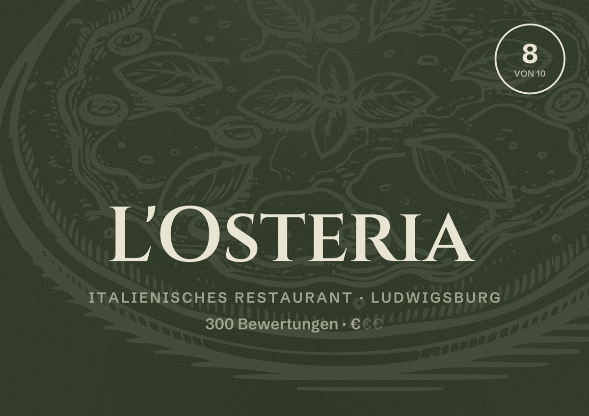 Illustriertes Poster von L'Osteria, Italienisches Restaurant in Ludwigsburg: Bewertung 8 von 10 aus 300 Bewertungen, Preisniveau €