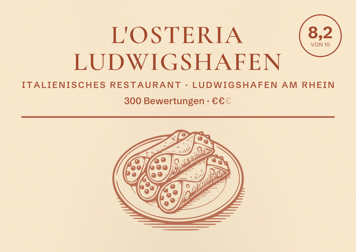 Illustriertes Poster von L'Osteria Ludwigshafen, Italienisches Restaurant in Ludwigshafen am Rhein: Bewertung 8,2 von 10 aus 300 Bewertungen, Preisniveau €€