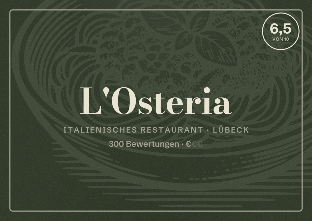Illustriertes Poster von L'Osteria, Italienisches Restaurant in Lübeck: Bewertung 6,5 von 10 aus 300 Bewertungen, Preisniveau €