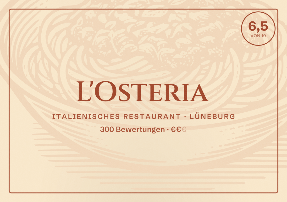 Illustriertes Poster von L'Osteria, Italienisches Restaurant in Lüneburg: Bewertung 6,5 von 10 aus 300 Bewertungen, Preisniveau €€