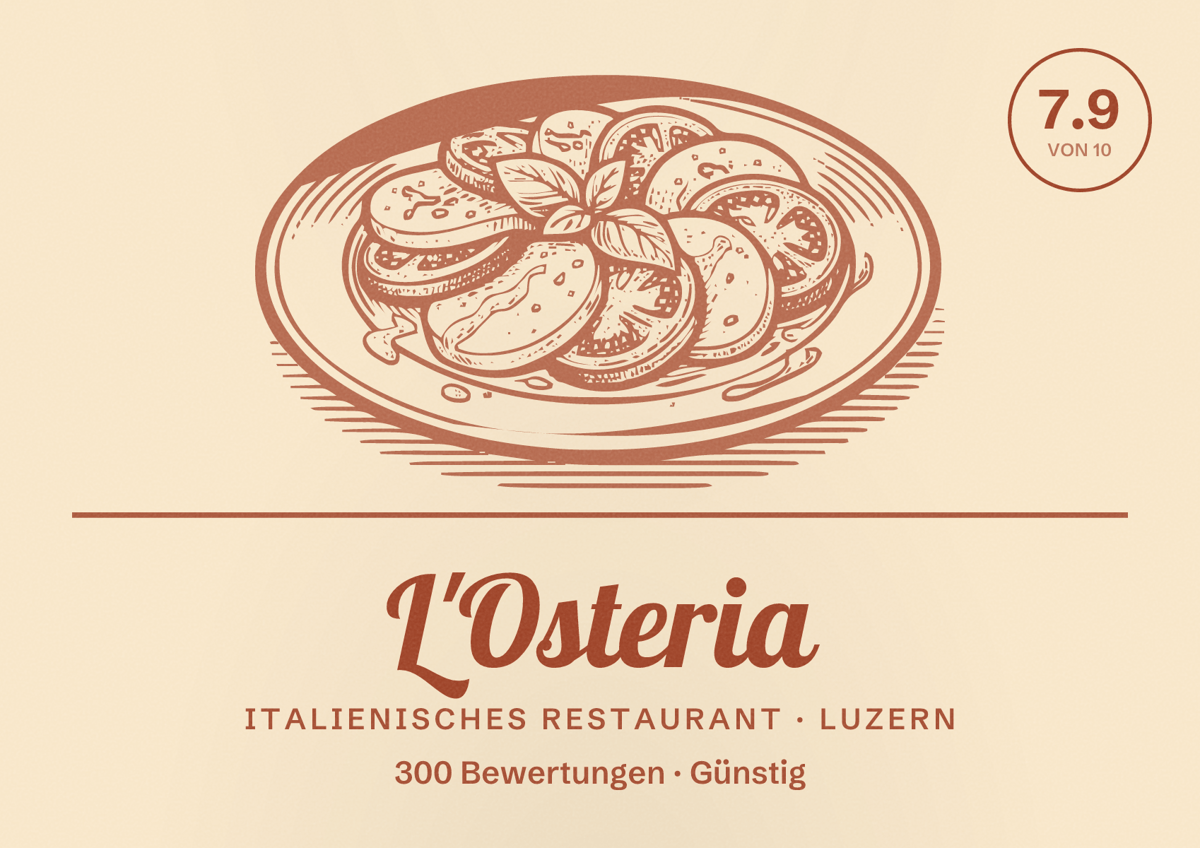 Illustriertes Poster von L'Osteria, Italienisches Restaurant in Luzern: Bewertung 7.9 von 10 aus 300 Bewertungen, Preisniveau Günstig