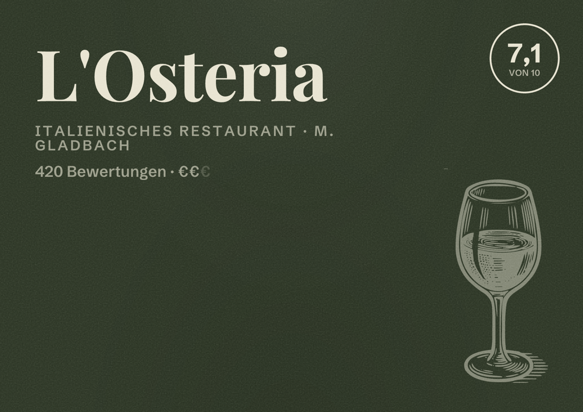 Illustriertes Poster von L'Osteria, Italienisches Restaurant in M. Gladbach: Bewertung 7,1 von 10 aus 420 Bewertungen, Preisniveau €€